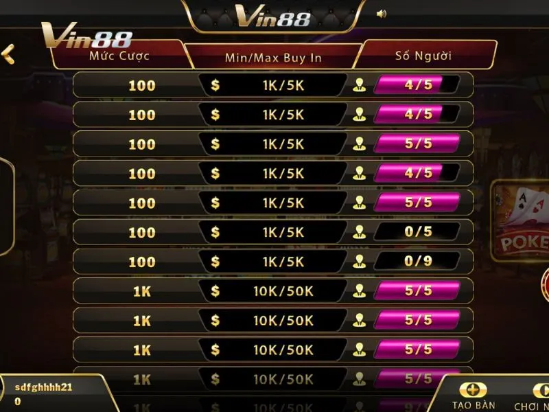 Đa dạng bàn cược trong sảnh Poker tại Vin88