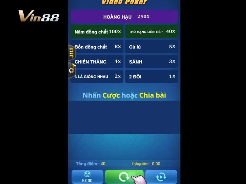Giao diện bàn chơi Video Poker Vin88