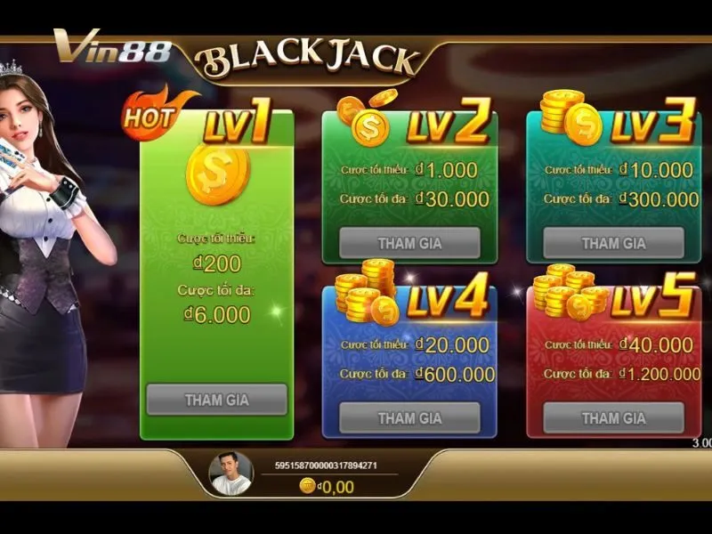 Nhiều bàn chơi Black Jack 21 theo cấp độ