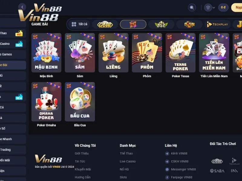 Sâm Vin88 nằm tại sảnh game bài của RIKVIP