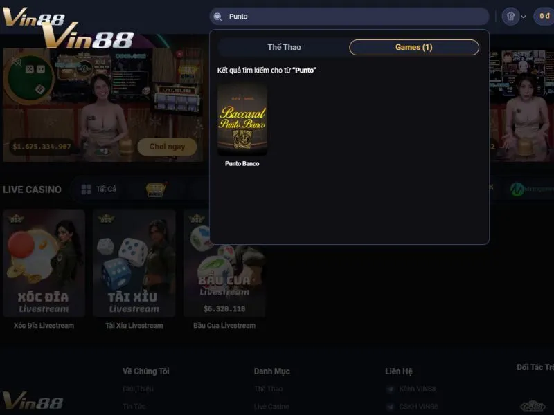 Tìm kiếm Punto Banco trong tùy chọn game bài