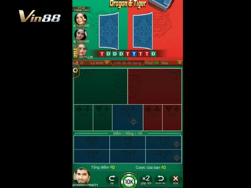 Giao diện bàn chơi Dragon & Tiger Vin88